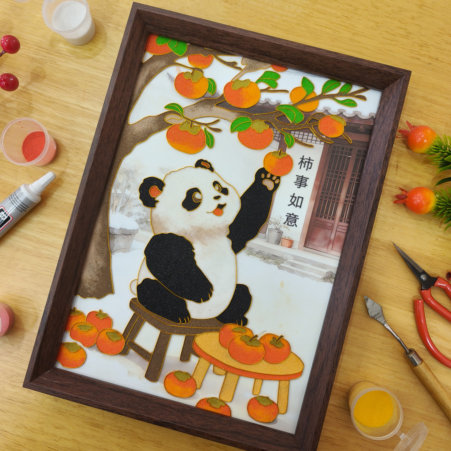 原创柿事如意熊猫景泰蓝装饰画非遗手工掐丝珐琅画DIY材料包礼物