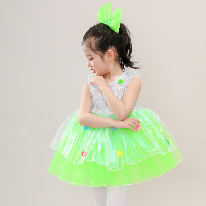 儿童演出服女童蓬蓬纱裙表演服幼儿园现代舞蹈可爱亮片七彩连衣裙
