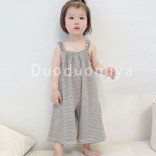 夏季女童背带裤1男宝宝洋气薄款条纹连体裤3儿童夏天吊带裤阔腿裤