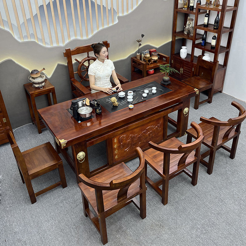 老船木茶桌椅组合全实木家用泡茶台办公一体茶台原木中式古典茶几