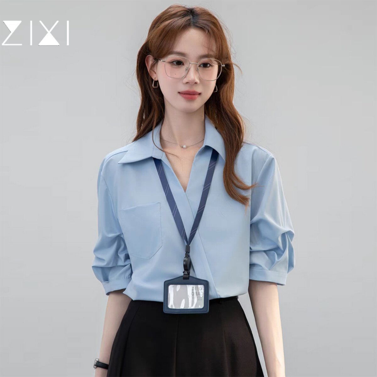 上班族穿搭短袖蓝色衬衫女正装通勤上衣夏季考公面试V领职业衬衫