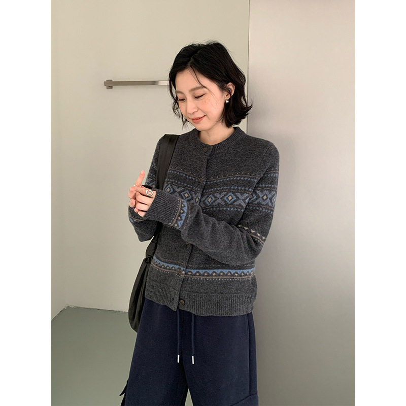 THE MIND文艺复古费尔岛开衫毛衣女2025冬装新款针织羊毛衫
