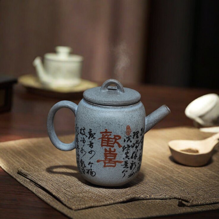手工石头色陶瓷四方壶日式干泡功夫茶具欢喜茶壶泡茶壶单壶100ml