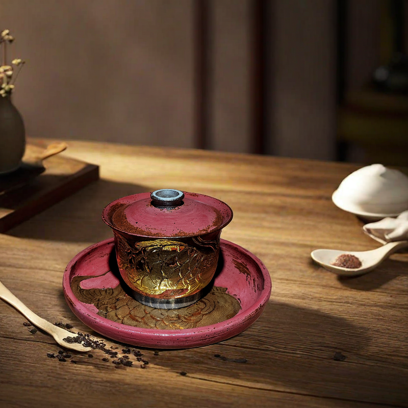 盖碗纯手工日式粗陶泡茶碗创意家用茶具盖杯描金金龙鱼酒红色泡茶