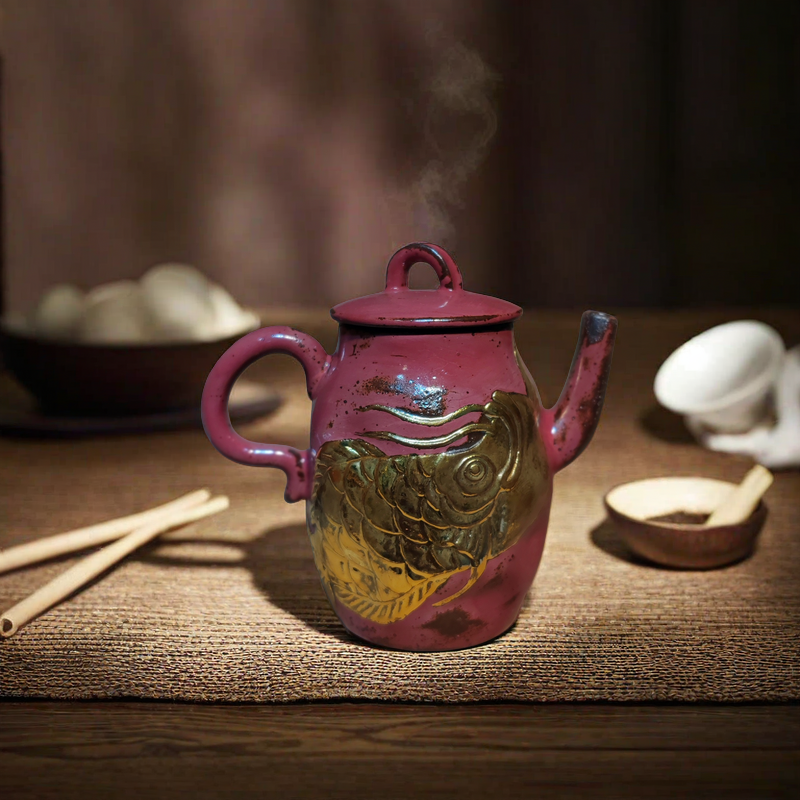 手工复古日式志野烧陶瓷茶壶红色泡茶壶茶台功夫茶具干泡女士单壶