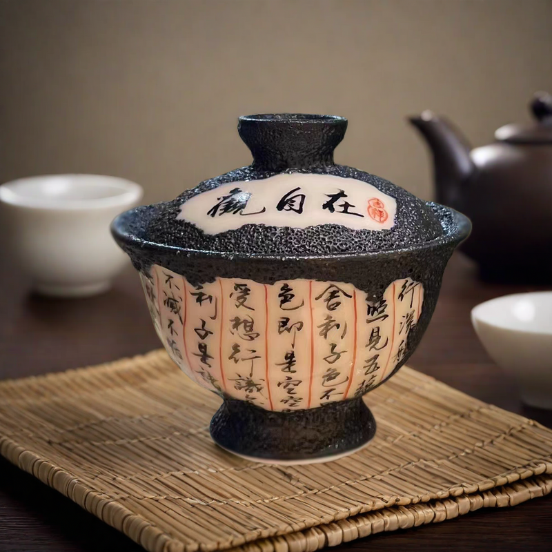 手工粗陶盖碗手写字复古陶瓷二才茶碗功夫茶具中式虫洞志野泡茶器