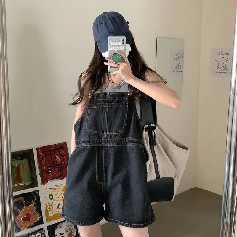 牛仔背带裤女春装2023新款工装短裤设计感小众小个子阔腿高腰薄款