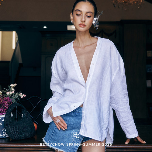 Bettychow白色亚麻大V领衬衣