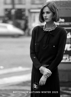 Bettychow 中古小香风蝴蝶结深蓝色羊毛马甲连衣裙古董优雅两件套