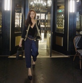 BettyChow买手店私服小众拼蓝缎9分西裤 女姐姐风直筒休闲长裤