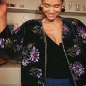 Bettychow 新中式 国风紫色刺绣珠片黑丝绒拜年棉服时髦新年外套