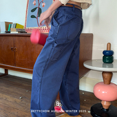 复古蓝色棉质阔腿工装 裤 ins美式 Bettychow 复古时髦休闲长裤