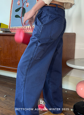 Bettychow 复古蓝色棉质阔腿工装裤ins美式复古时髦休闲长裤