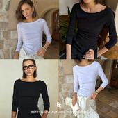 Bettychow T恤黑白 秋冬时髦船领九分袖 梅丁款 好身材弹力打底衫