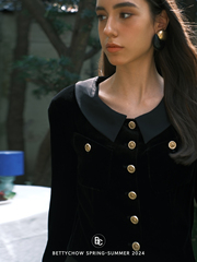 Bettychow 黑金系列 小香风中古真丝黑色短外套优雅单排扣上衣
