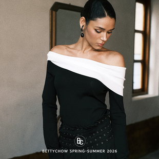 t恤 高级感简约风长袖 Bettychow 露肩弹力针织黑白拼色上衣法式