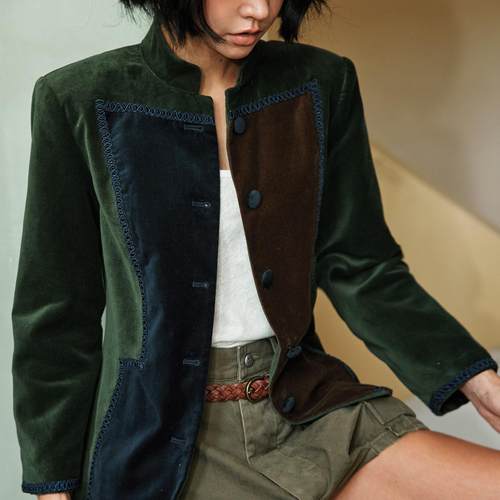 bettychow拼色丝绒西服外套