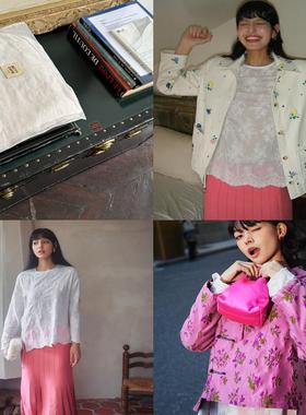 Bettychow 百搭圣品 藕白色中式绣花打底衫真丝刺绣国风上衣