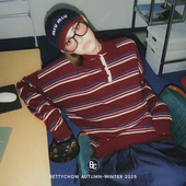 保暖针织上衣 学院风羊毛酒红条纹大毛衣宽松长袖 Bettychow 美式