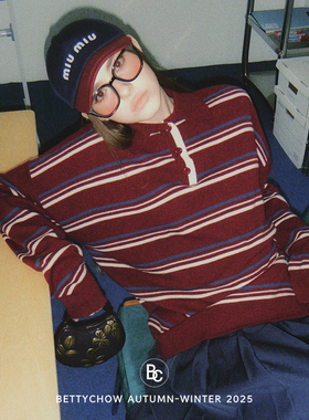 Bettychow 美式学院风羊毛酒红条纹大毛衣宽松长袖保暖针织上衣