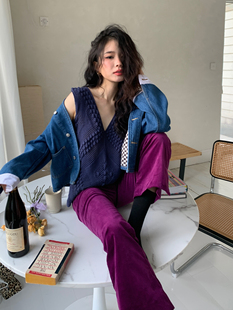 中性风直筒裤 Bettychow ins时尚 紫条绒通勤9分裤 梅根同款