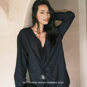 老钱风个性 Bettychow 肌理软亚麻大V领扭结黑色衬衫 宽松时髦上衣