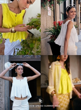 Betty私服！亚麻百褶圆领背心黄色白色重工打条方领无袖宽松上衣