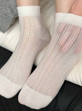 夏季薄款网眼透气袜子女白色镂空短袜搭配凉鞋miu系芭蕾风中筒袜