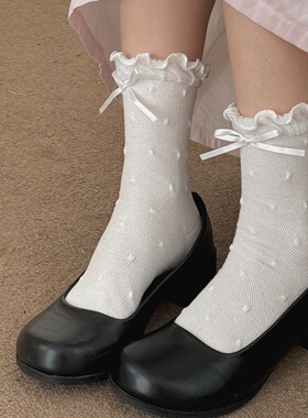 IOULOR可爱木耳边中筒袜春夏季薄款芭蕾风蝴蝶结袜子女波点堆堆袜