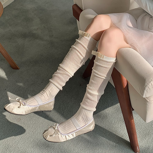 小腿袜甜美棉质蝴蝶结jk风纯色