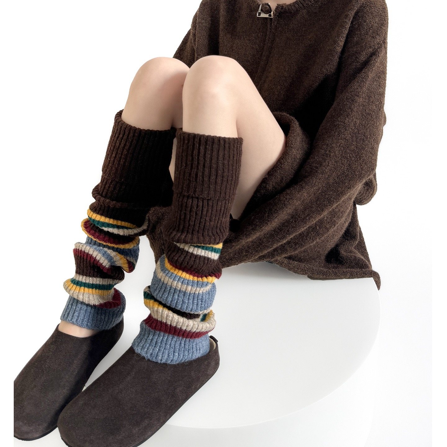 秋冬美式复古撞色条纹翻边羊毛袜套女堆堆小腿袜保暖护腿咖色腿套,女士内衣/男士内衣/家居服,中筒袜,淘宝优惠券,粉丝福利购,淘宝优惠卷