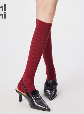 秋冬季安可拉红袜子女复古风酒红色小腿袜百搭羊毛灰色无骨堆堆袜