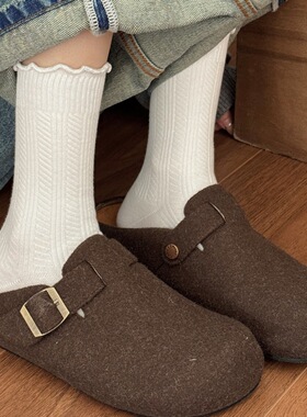 IOULOR春秋ins风韩系木耳花边袜子女中筒袜竖纹芭蕾风无骨堆堆袜