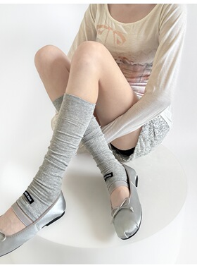 夏季miu系宽条纹堆堆薄款踩脚袜套女显瘦字母布标灰色芭蕾风腿套
