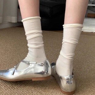 春夏季 慵懒卷边白色拼接袜子女中筒袜纯棉无骨百搭灰色堆堆袜 薄款