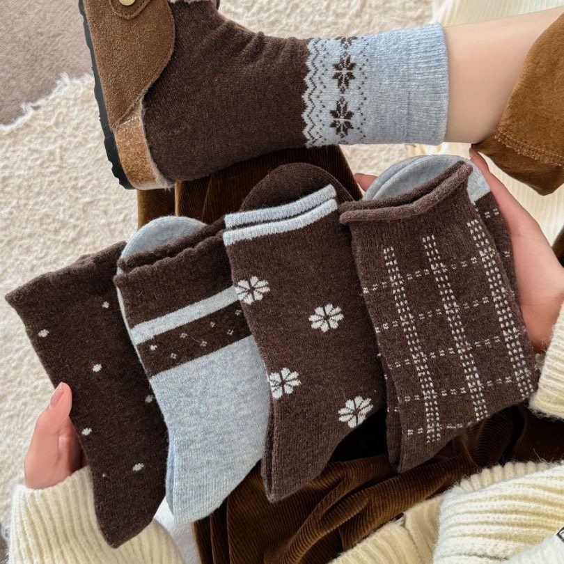韩系ins可露丽咖色羊毛袜子女中筒袜秋冬加厚保暖雪花羊绒堆堆袜,女士内衣/男士内衣/家居服,中筒袜,淘宝优惠券,粉丝福利购,淘宝优惠卷