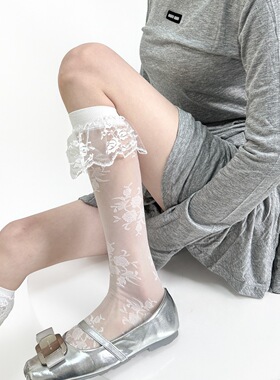 春夏季薄款甜美芭蕾风蕾丝花边小腿袜女白色透明jk黑色洛丽塔袜子