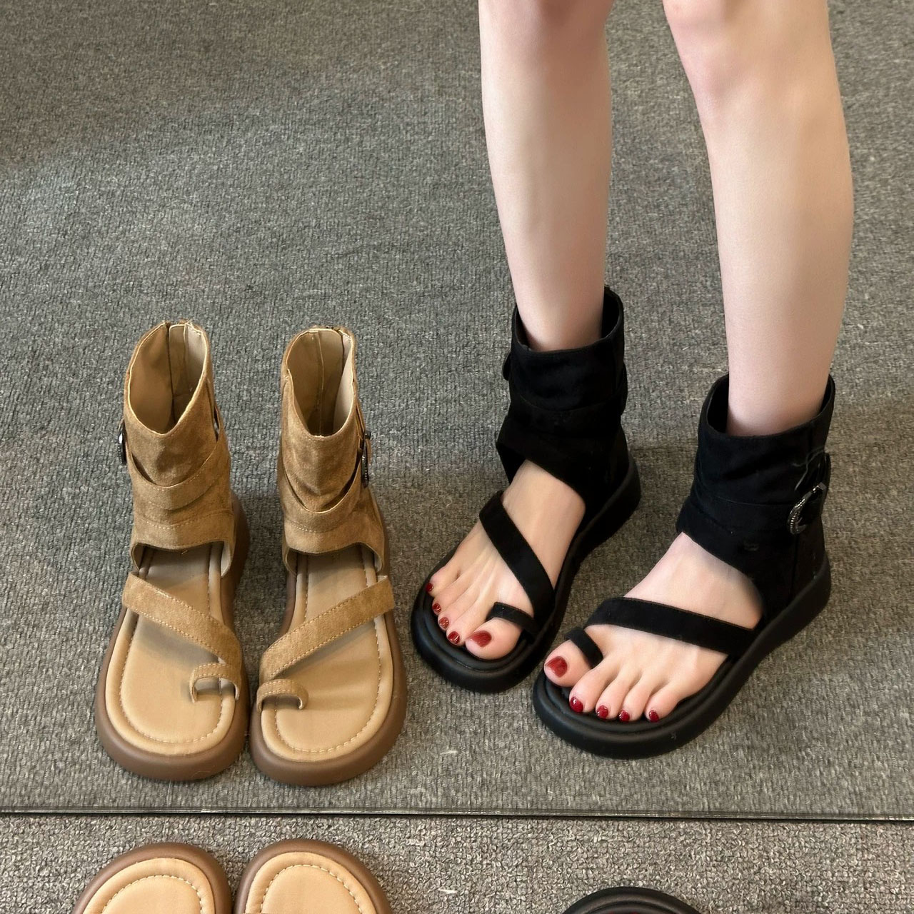 厚底套趾夹脚罗马凉鞋女款2026新款夏超火马丁靴裤管靴短靴凉靴子