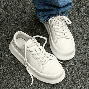 男鞋 真皮面高级感小众全白简约软面松糕厚底纯白色板鞋 小白鞋 男士