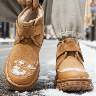 雪地靴男鞋冬季板鞋中帮棉靴一脚蹬加绒面包鞋厚底青少年棉鞋男生