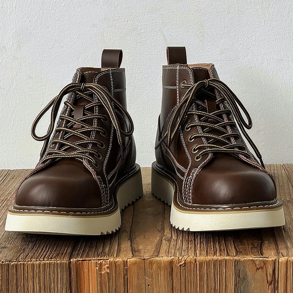 男士工装靴真皮机车靴美式短靴复古棕色厚底登山靴高帮皮靴马丁靴