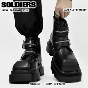 男士马丁靴真皮黑色小众高帮皮鞋方头痞帅皮靴子增高欧美切尔西靴