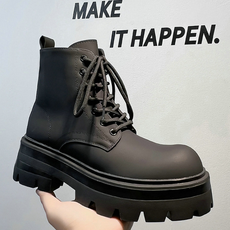 马丁靴男高级感暗黑色厚底增高拉链高帮短靴全黑哑光纯黑痞帅皮靴