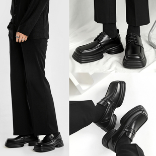 男士皮鞋小众设计平头高级原创方头德比鞋真皮厚底黑色马丁鞋男鞋