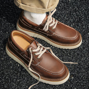 真皮复古英伦马克鞋 厚底潮流时尚 美式 男士 鞋 夏季 牛皮棕色工装 皮鞋