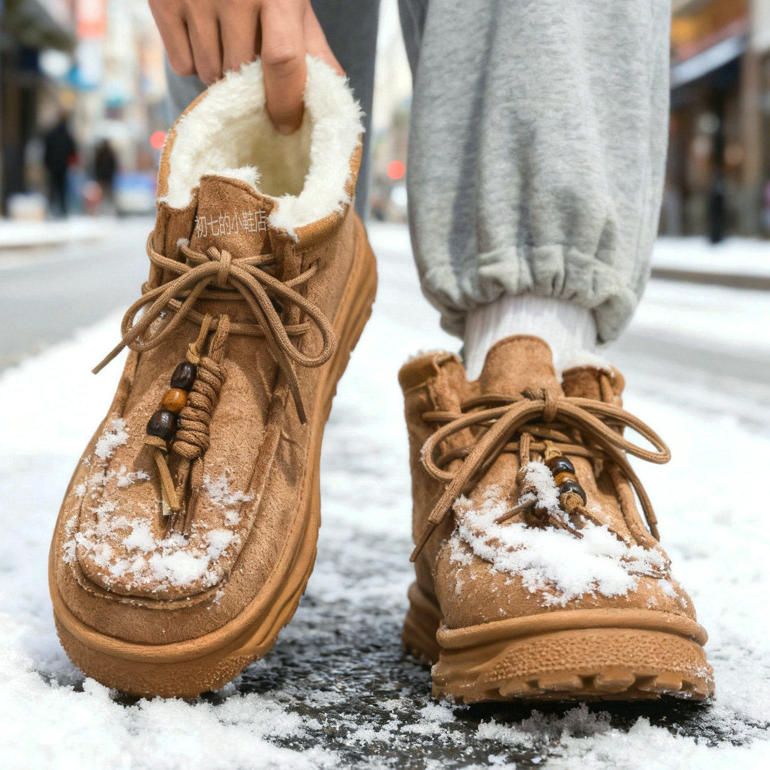 雪地靴男鞋加绒袋鼠鞋冬季棉靴子高帮加厚短靴复古棕色日系马丁靴
