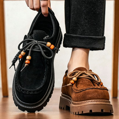 袋鼠鞋男鞋复古厚底板鞋日系港风反绒休闲皮鞋小众串珠增高德比鞋