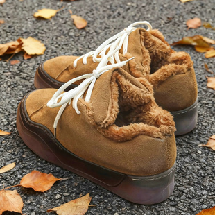 冬季面包鞋男鞋加绒大舌头小众板鞋保暖驼色软底毛鞋厚底雪地棉鞋
