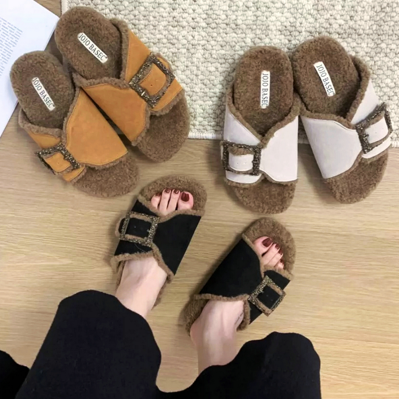 棉拖鞋女鞋冬季加绒毛毛鞋复古原宿羊羔绒凉鞋外穿一字拖日系棉鞋