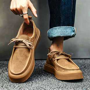 男士皮鞋休闲复古板鞋厚底反绒磨砂软底轻便舒适乐福鞋真皮帆船鞋